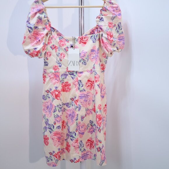Zara Floral Off-Shoulder Puff Sleeve Dress, Size Large NWT - Picture 7 of 11